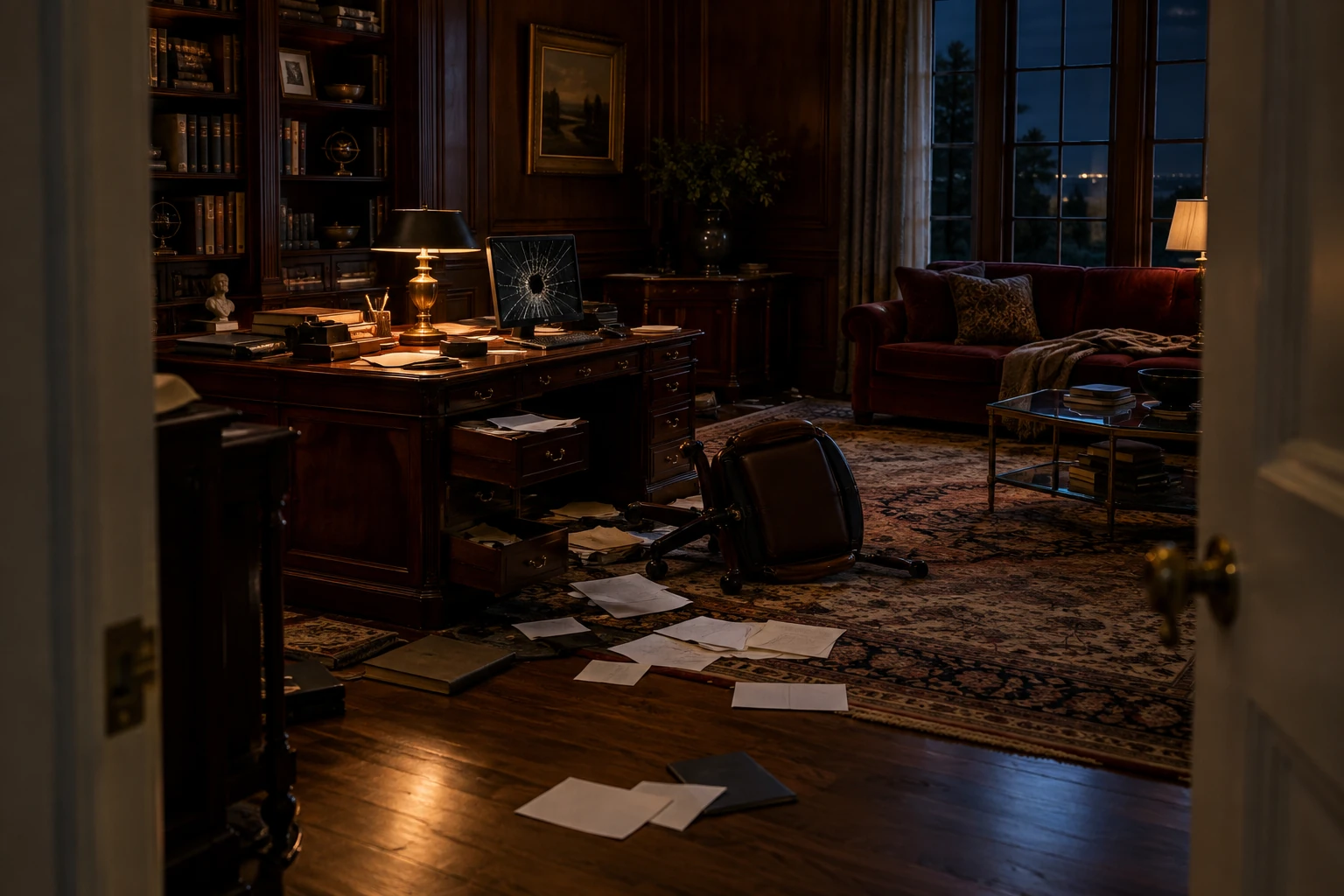 Un bureau aux boiseries sombres, une chaise renversée et des dossiers éparpillés.