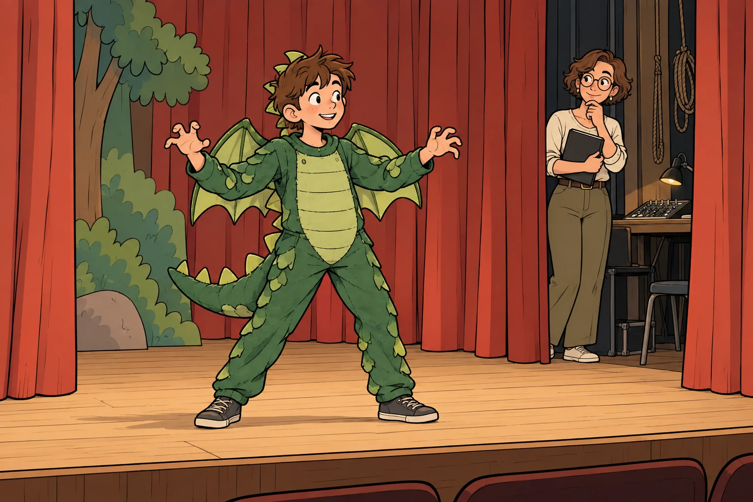 Illustration de bande dessinée : Oscar dans son costume de dragon au visage découvert, avec Aline près de la régie du théâtre.