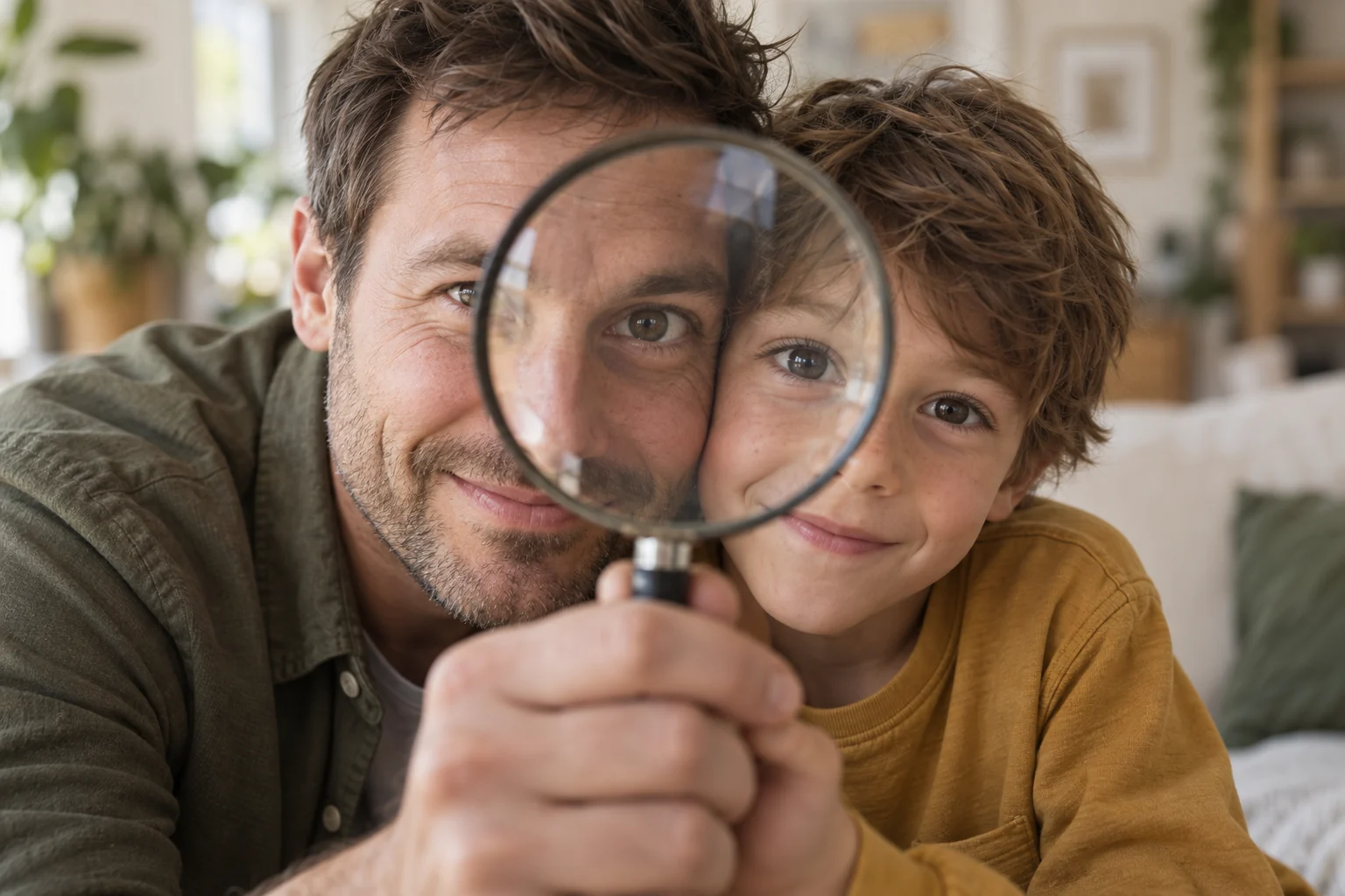 Un père et son fils regardent vers nous à travers une loupe.