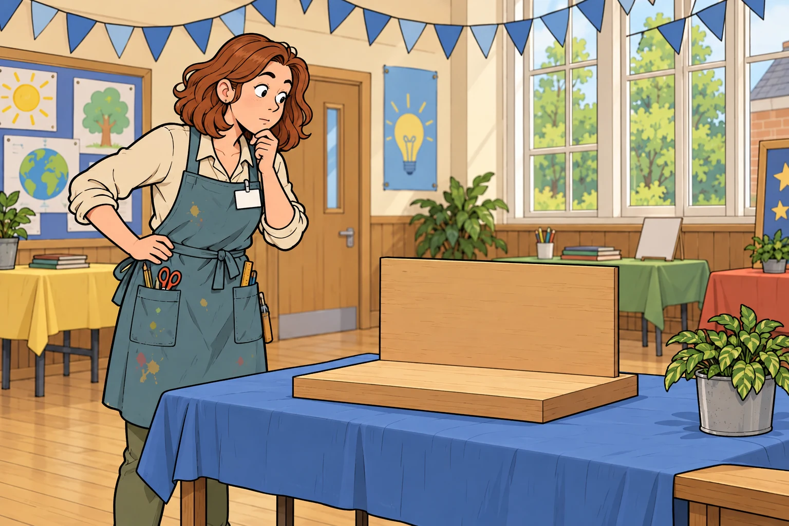 Illustration de bande dessinée : Sarah devant le support vide de la fusée, dans la salle d’exposition des inventions.