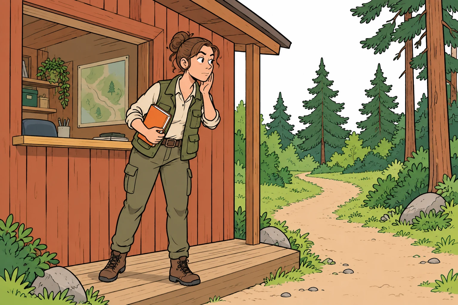 Illustration de bande dessinée : Nora, son carnet orange à la main, écoute près de l’accueil du camping.