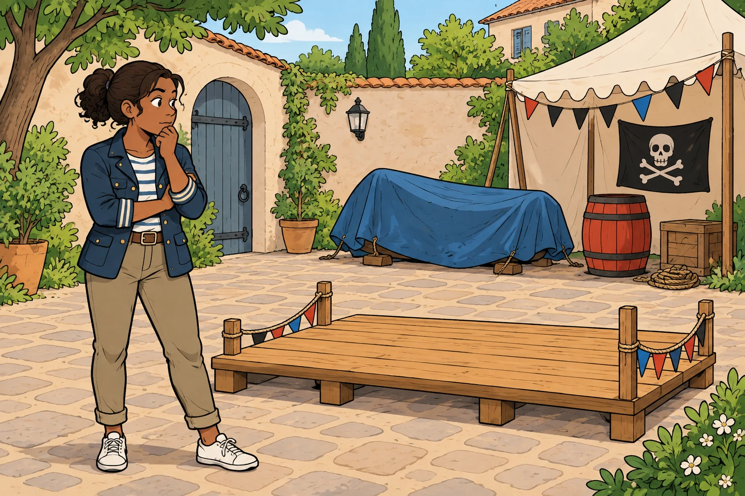 Illustration de bande dessinée : Salomé observe la cour de la fête pirate, avec sa tente, son tonneau rouge et son canot couvert.