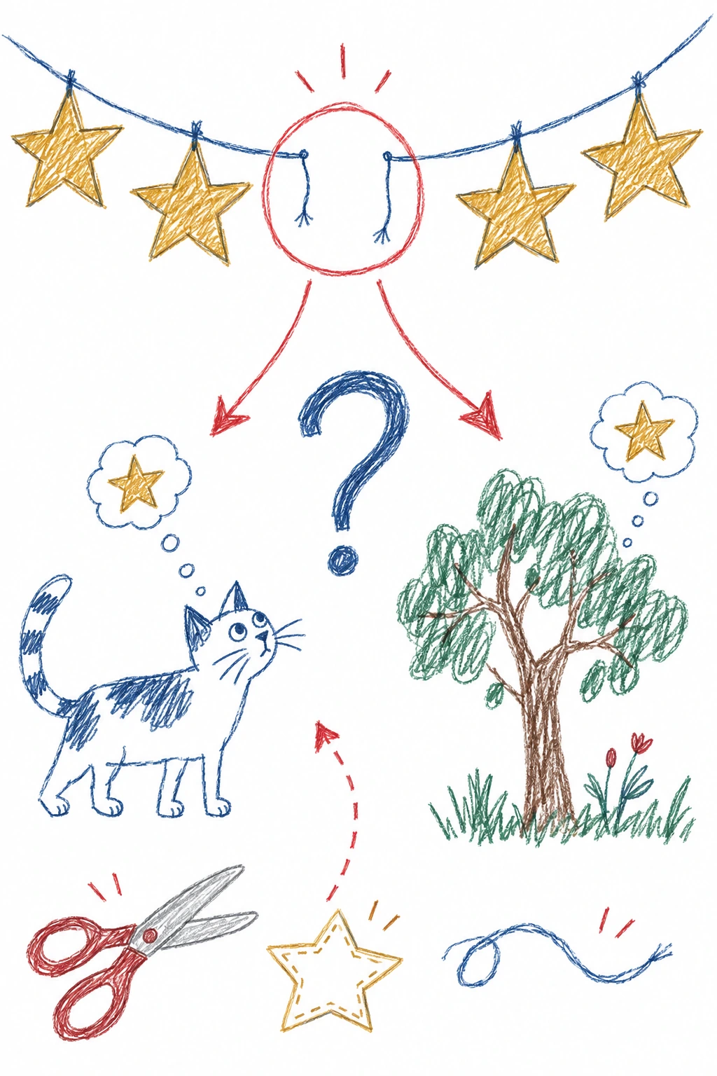 Une guirlande sans son étoile. Deux pistes dessinées au crayon mènent vers un chat et un arbre.