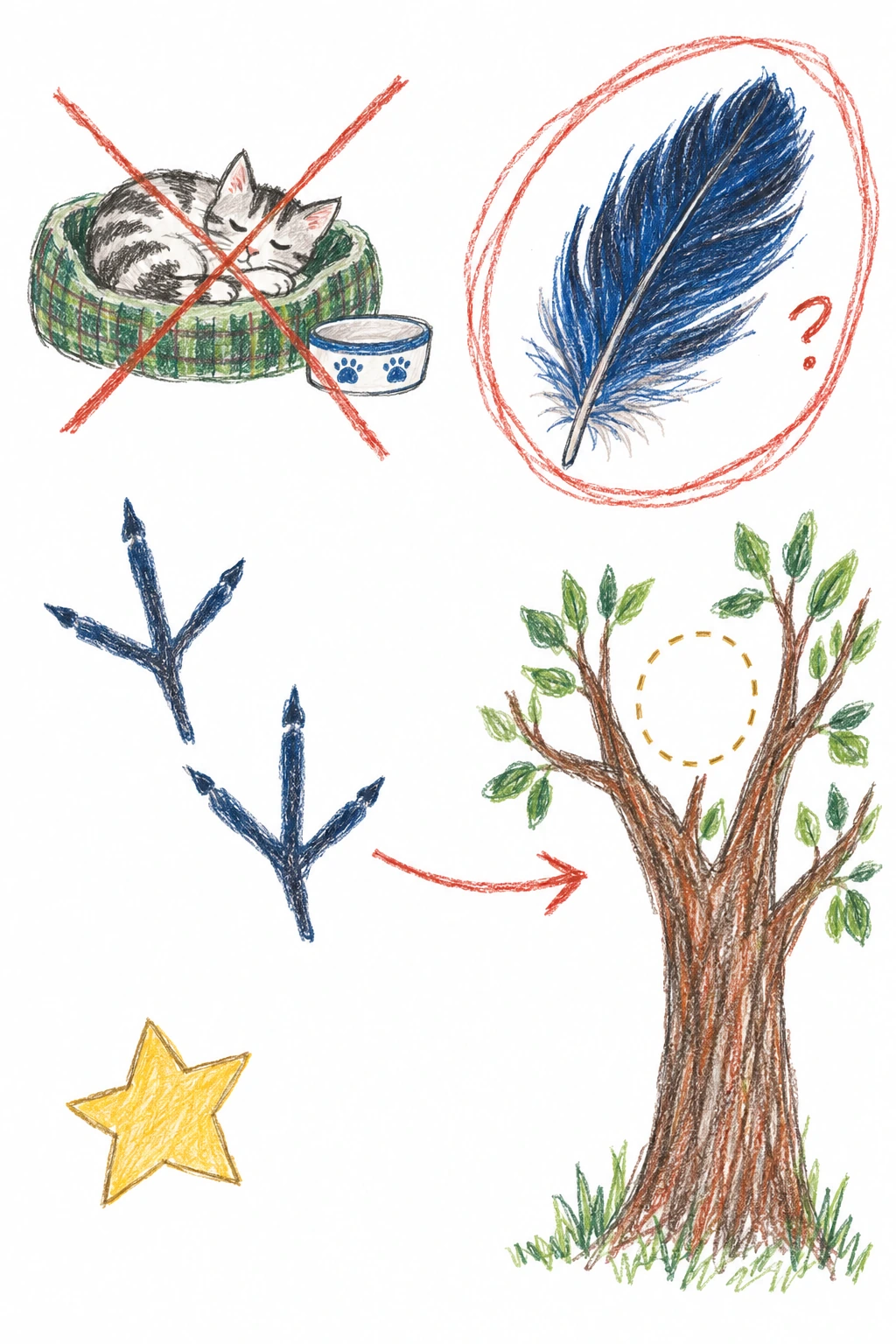 La piste du chat est barrée. Une plume et des empreintes d’oiseau conduisent aux branches d’un arbre.